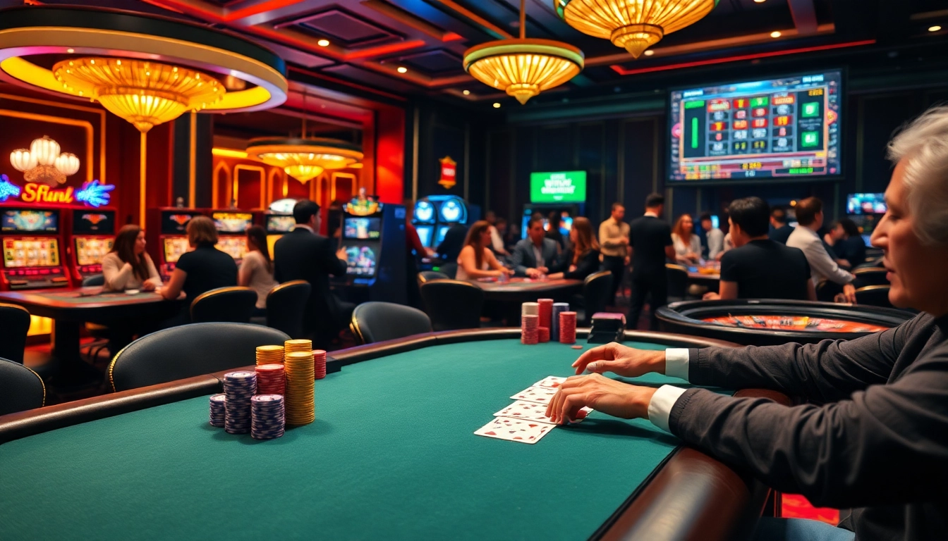 i1dompet casino experience with players around a poker table, vibrant slot machines, and online gaming interface.