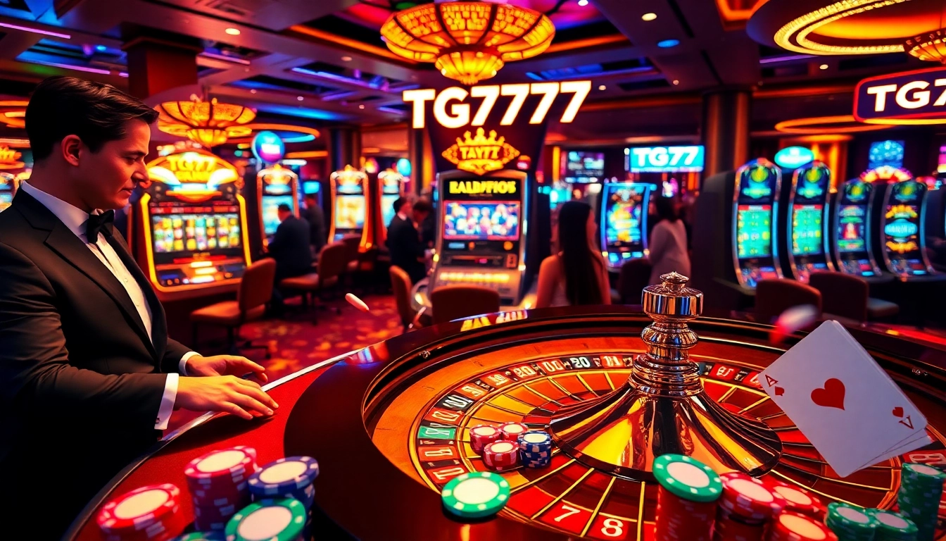 Exciting casino scene with roulette and "TG777" neon sign, showcasing vibrant gambling activities.